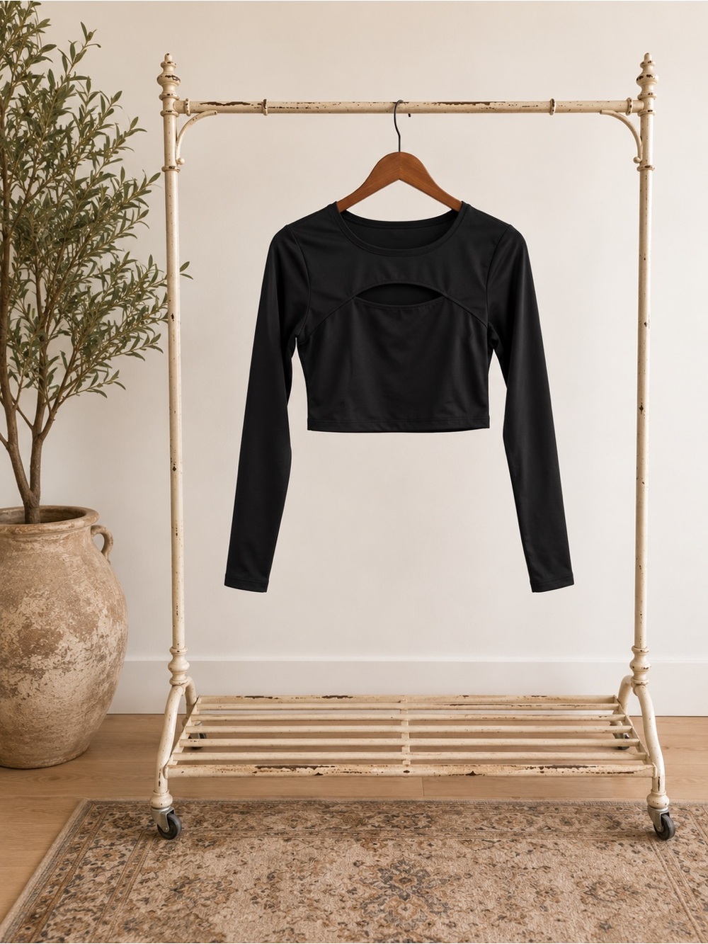 Women's Black Long-Sleeve Cutout Crop Top